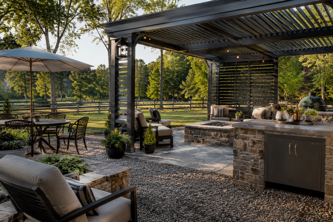 Premium country backyard louvered pergola setup
