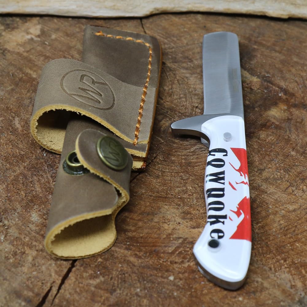 WHISKEY BENT HAT CO. Bullcutter Fixed Blade Knife  -- 440C Stainless Steel 2.5" Blade w/Leather Sheath (Cowpoke)