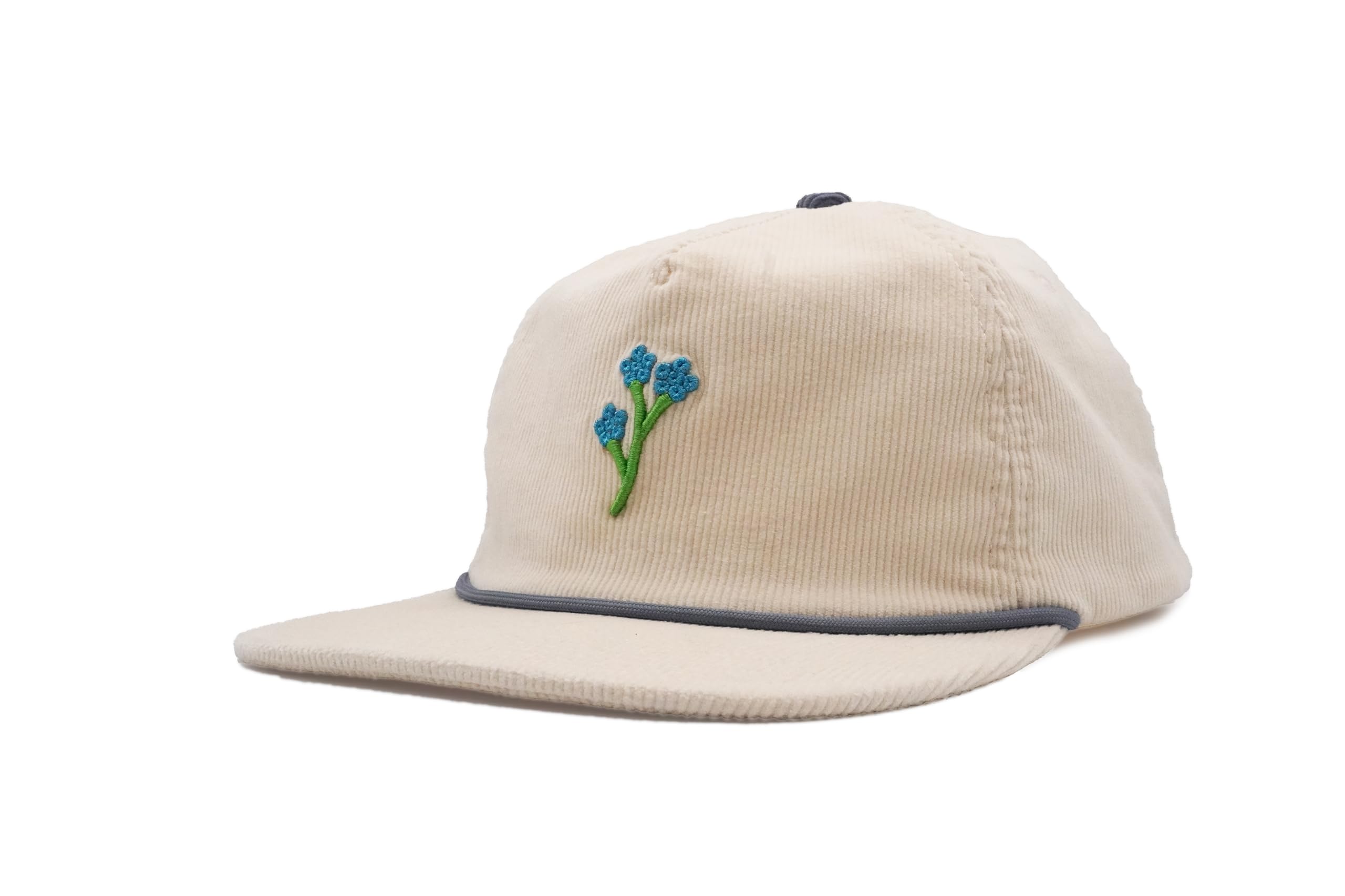 Rather Be Club Corduroy Rope Hat – Beige Vintage Cap with Blue Flower Logo – Adjustable Unisex Strapback (US, Alpha, Small, Beige)