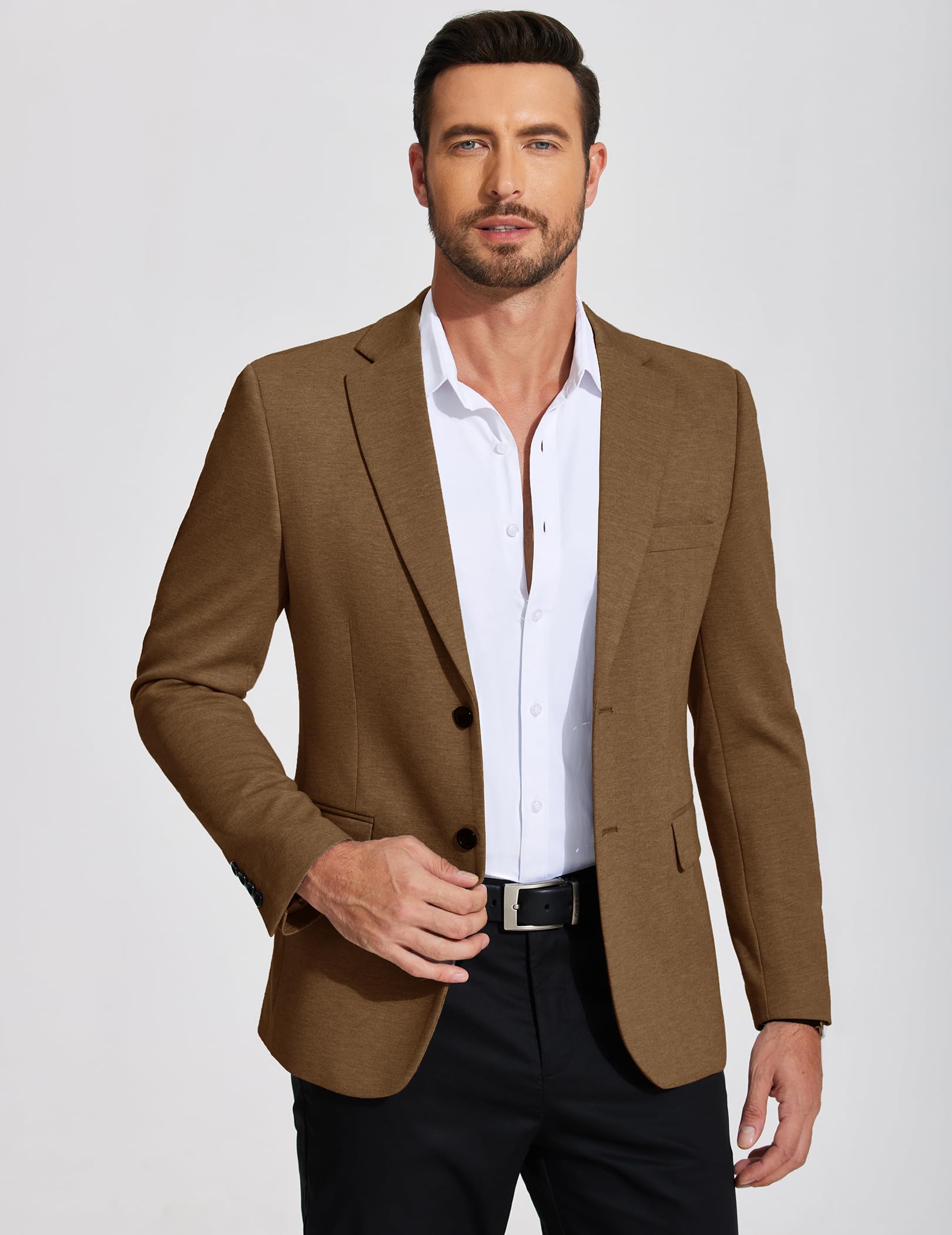 COOFANDY Mens Casual Blazer Knit Sport Coat Lightweight Two Button Suit Jacket Brown, L