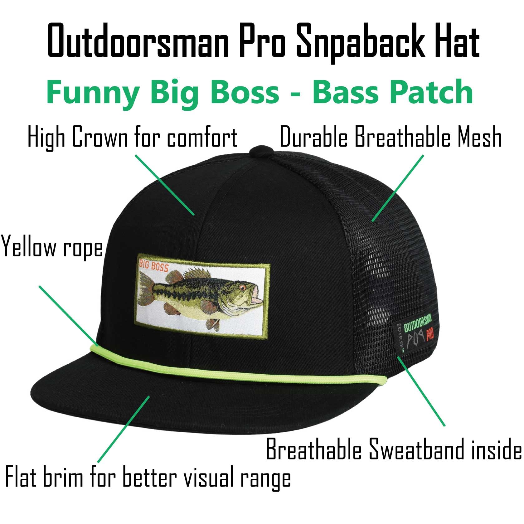 EDTREK Elite Youth Country Hat for Big Kids - Boys Snapback Hat with Flat Brim (Big Boss - Bass Black)