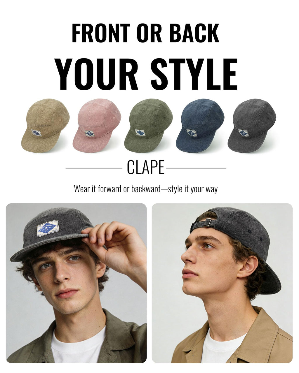 CLAPE Snapback 5 Panel Hat for Men + Women - Washed Cotton Flat Bill Baseball Cap Strapback Hip Hop Biker Board Cap