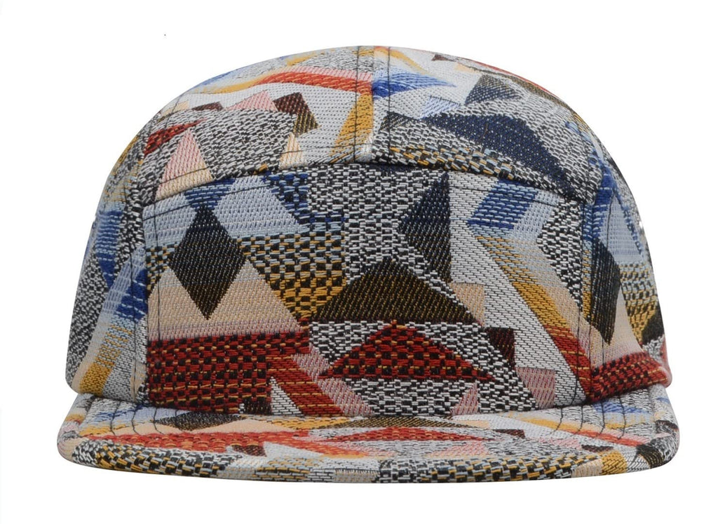 Hatphile Jacquard 5 Panel Camp Hat – Red & Navy Geometric Tapestry Pattern Adjustable Unisex Streetwear Cap, Low Profile Fashion Hat for Men Women