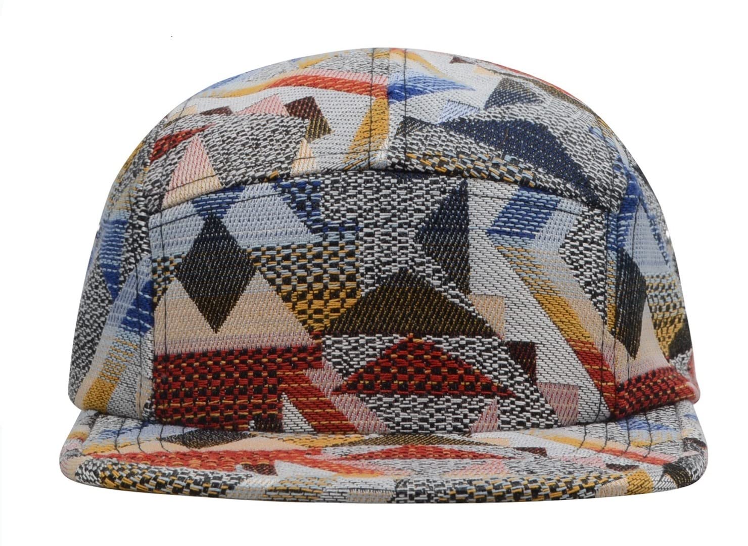 Hatphile Jacquard 5 Panel Camp Hat – Red & Navy Geometric Tapestry Pattern Adjustable Unisex Streetwear Cap, Low Profile Fashion Hat for Men Women