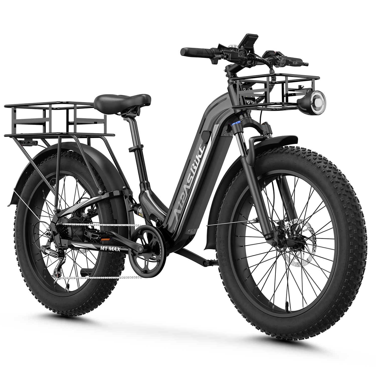 Aipas M1 Max Electric Bike for Adults, 1800W Peak Motor Ebike, 48V 17.5Ah Battery, 26" Fat Tire Electric Mountain Bike, 85 Miles Range, Hydraulic Disc Brakes & Air Suspension with with Combo Baskets