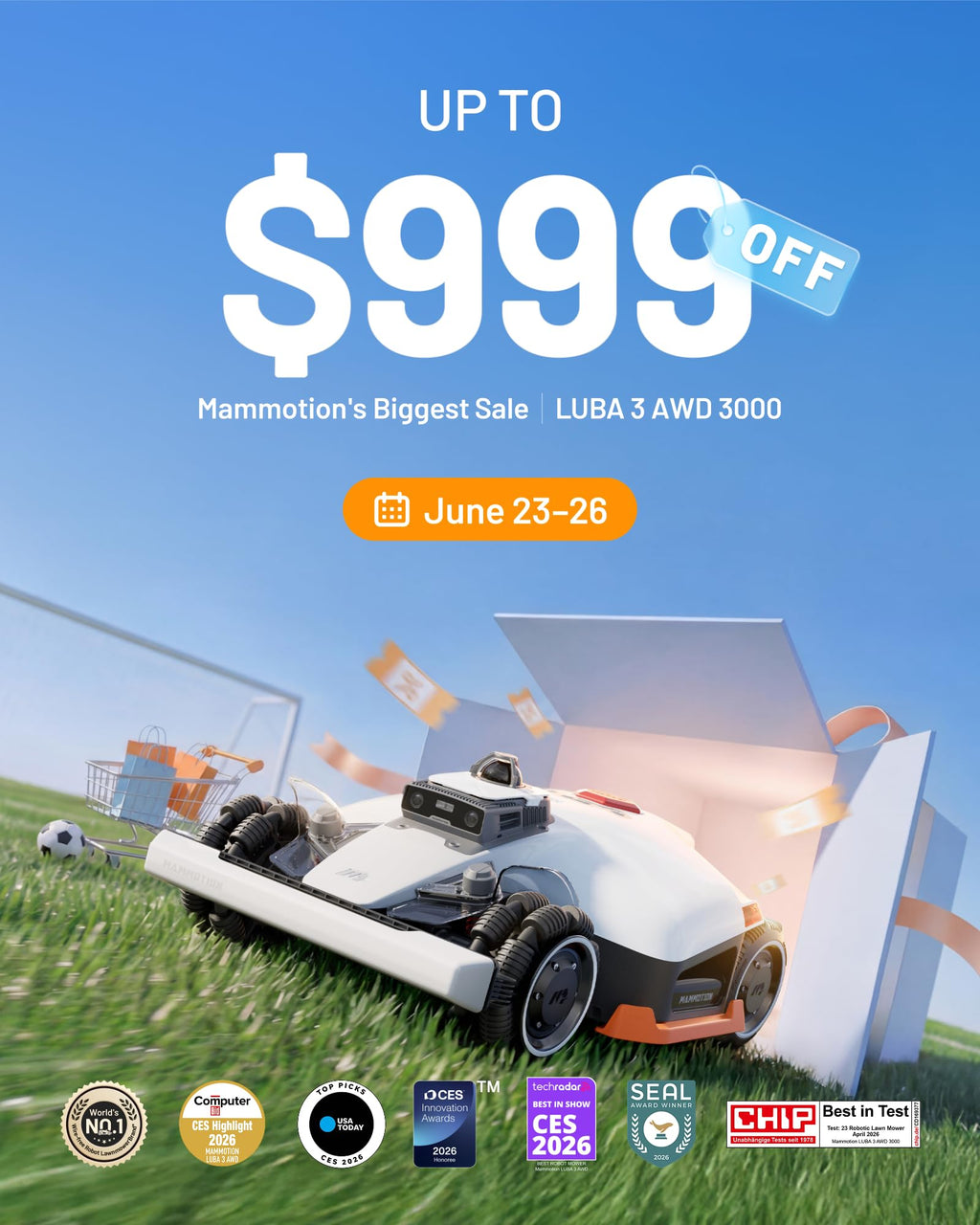 Mammotion LUBA 3 AWD 3000 Robot Lawn Mower with Garage (Ship Separately), 0.75 Acre, 360° LiDAR+NetRTK+AI Vision, All-Wheel-Drive for 80% Slopes, 30 Multi-Zone Management, Cutting Height 1.0"-2.7"