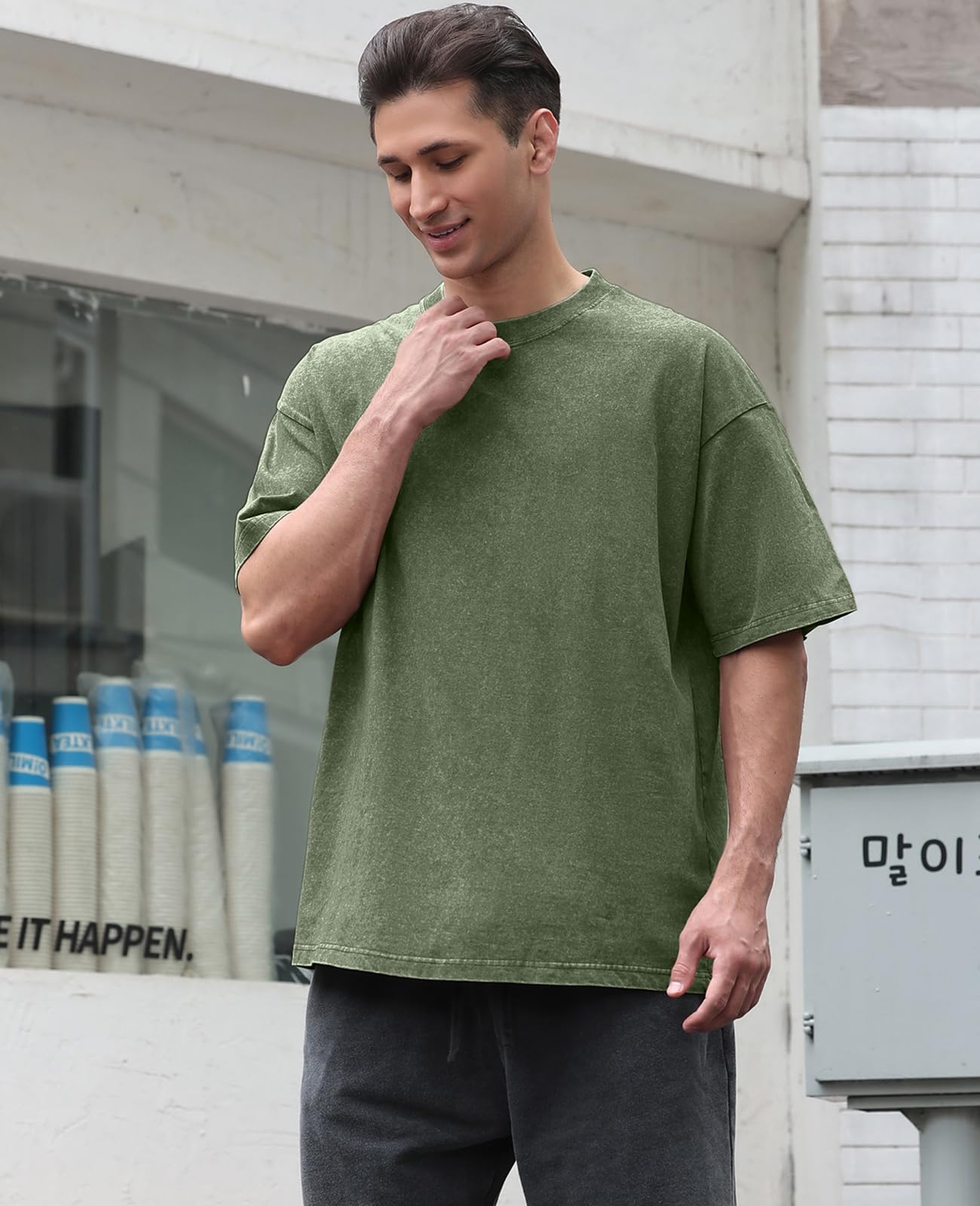 3 Pcs Oversized Heavy Cotton Summer T-Shirts Vintage Unisex Short Sleeves Casual Loose Basic Tops(Beige+ArmyGreen+Black L)