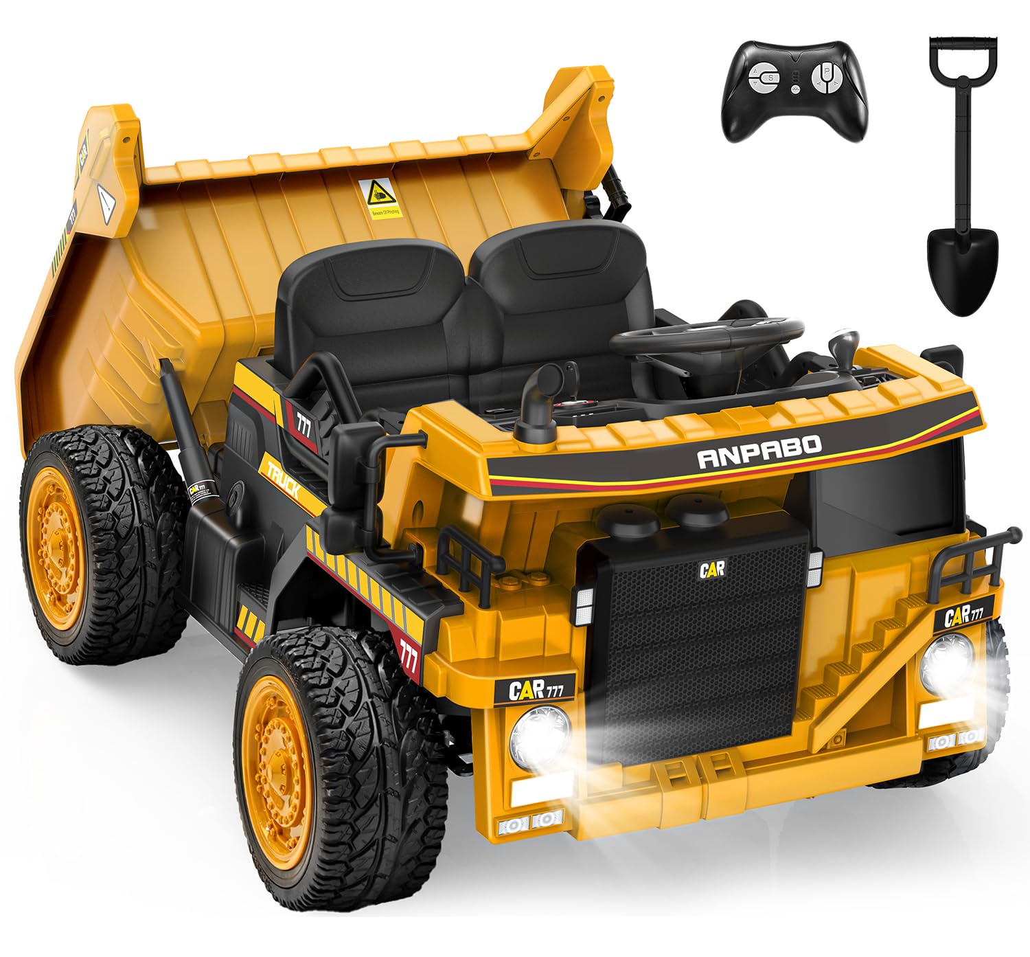 ANPABO 24V Ride On Dump Truck, 2X75W Powerful Motors, Up to 4.4Mph, EVA Tires, Construction Vehicle w/Electric Dump Bed and Extra Shovel, 19" Spacious 2 Seater, Kids Car w/Parent Remote -Yellow