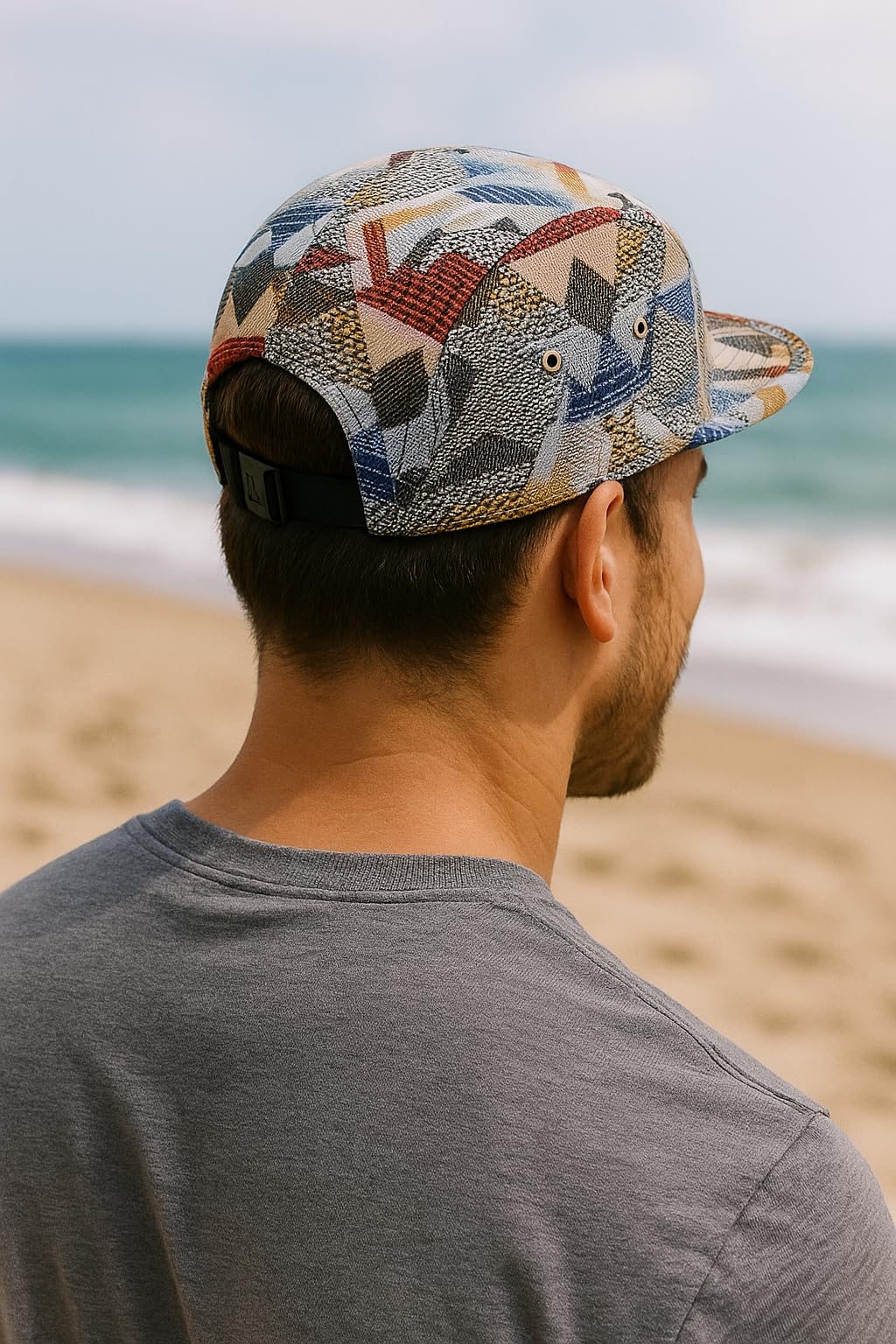 Hatphile Jacquard 5 Panel Camp Hat – Red & Navy Geometric Tapestry Pattern Adjustable Unisex Streetwear Cap, Low Profile Fashion Hat for Men Women