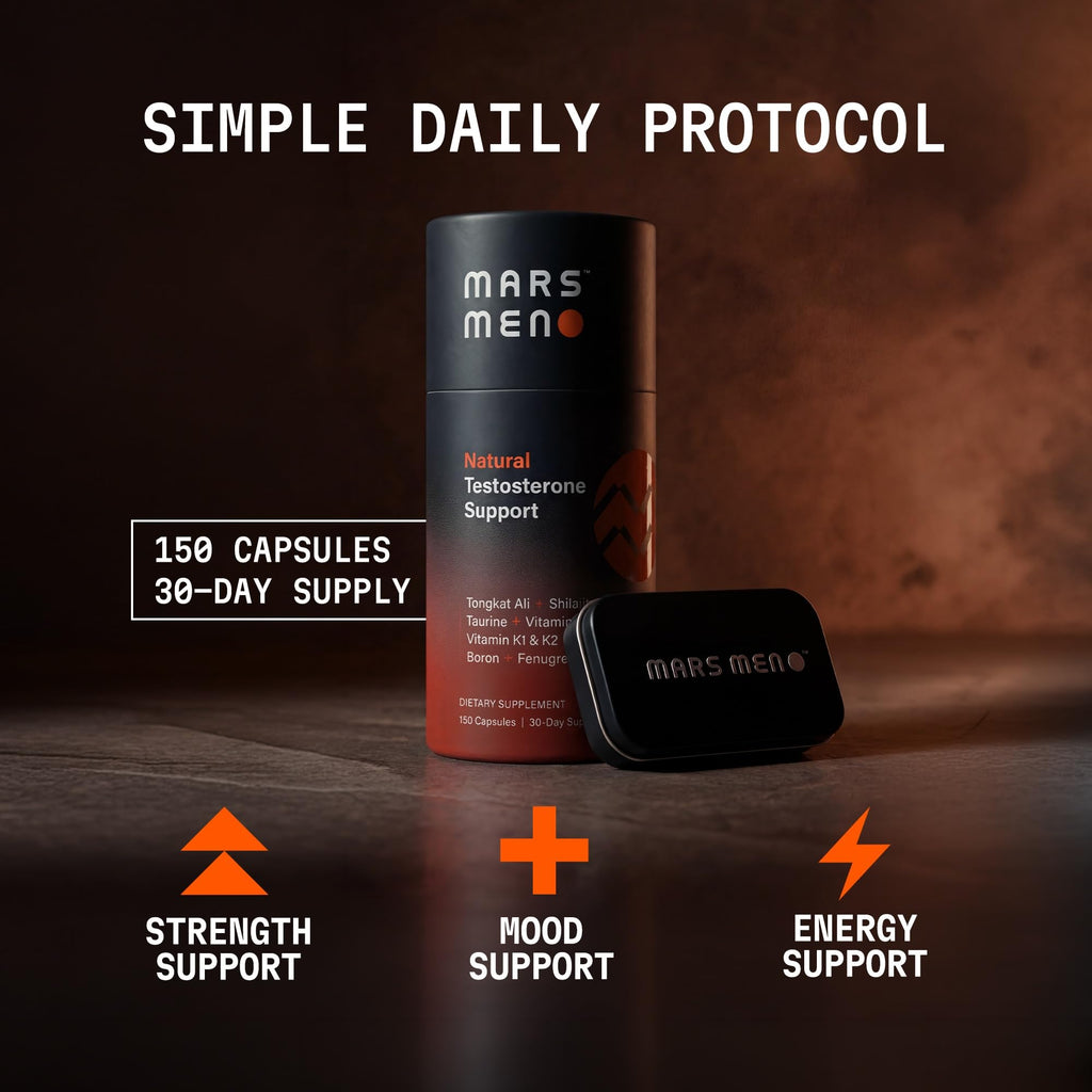 MARS MEN Testosterone Booster for Men - Natural Supplement Premium Tongkat Ali, Fenugreek, Shilajit & Boron - Male Support - Libido, Energy & Muscle Growth Support - 30 Servings + Travel Tin