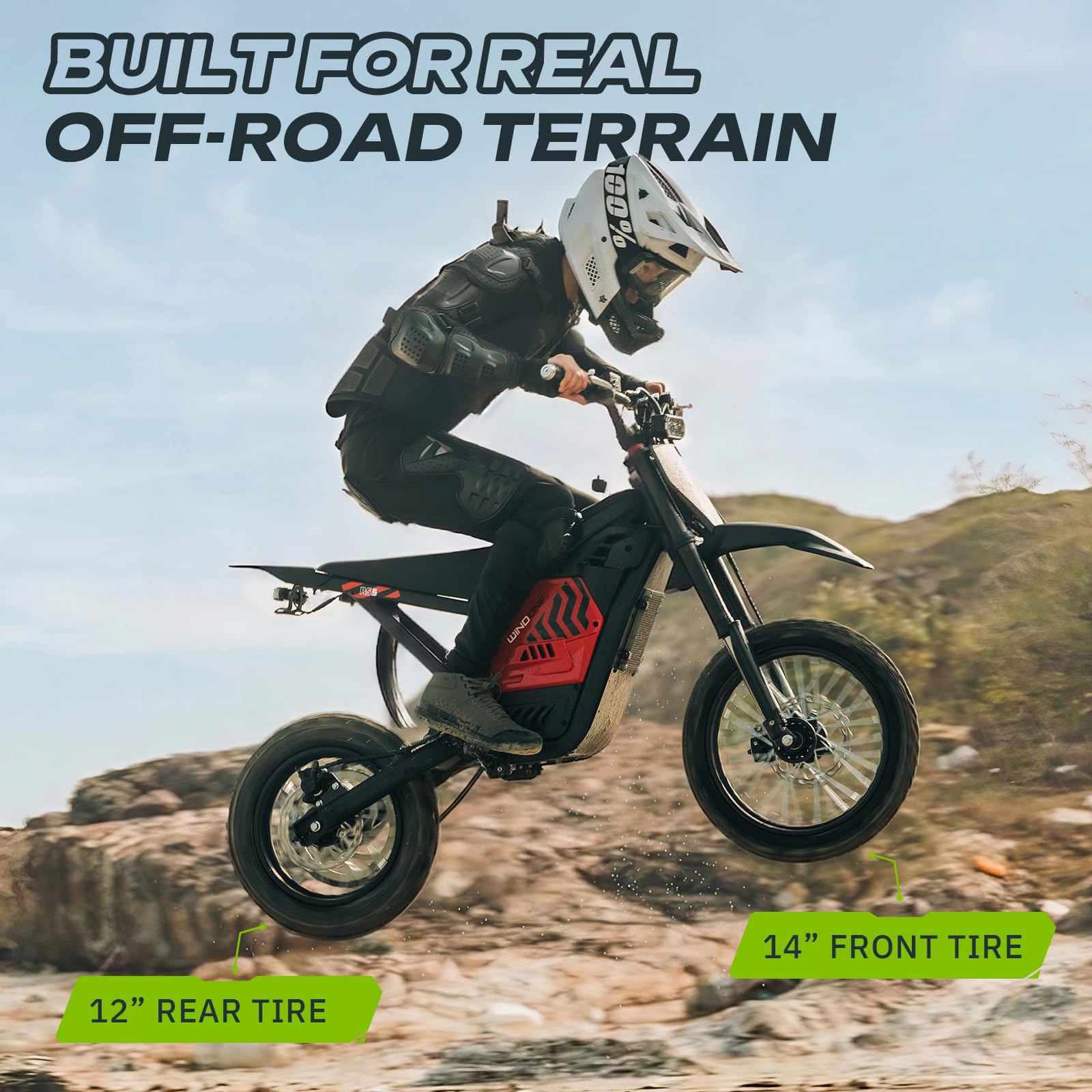 Windone RS5 Electric Dirt Bike for Teens & Adults (13+), Up to 37 MPH, 45 Miles Range, 2200W Peak Motor, 14"/12" Off-Road Tires, Hydraulic Suspension, 3-Speed Modes Electric Motorcycle (Red)