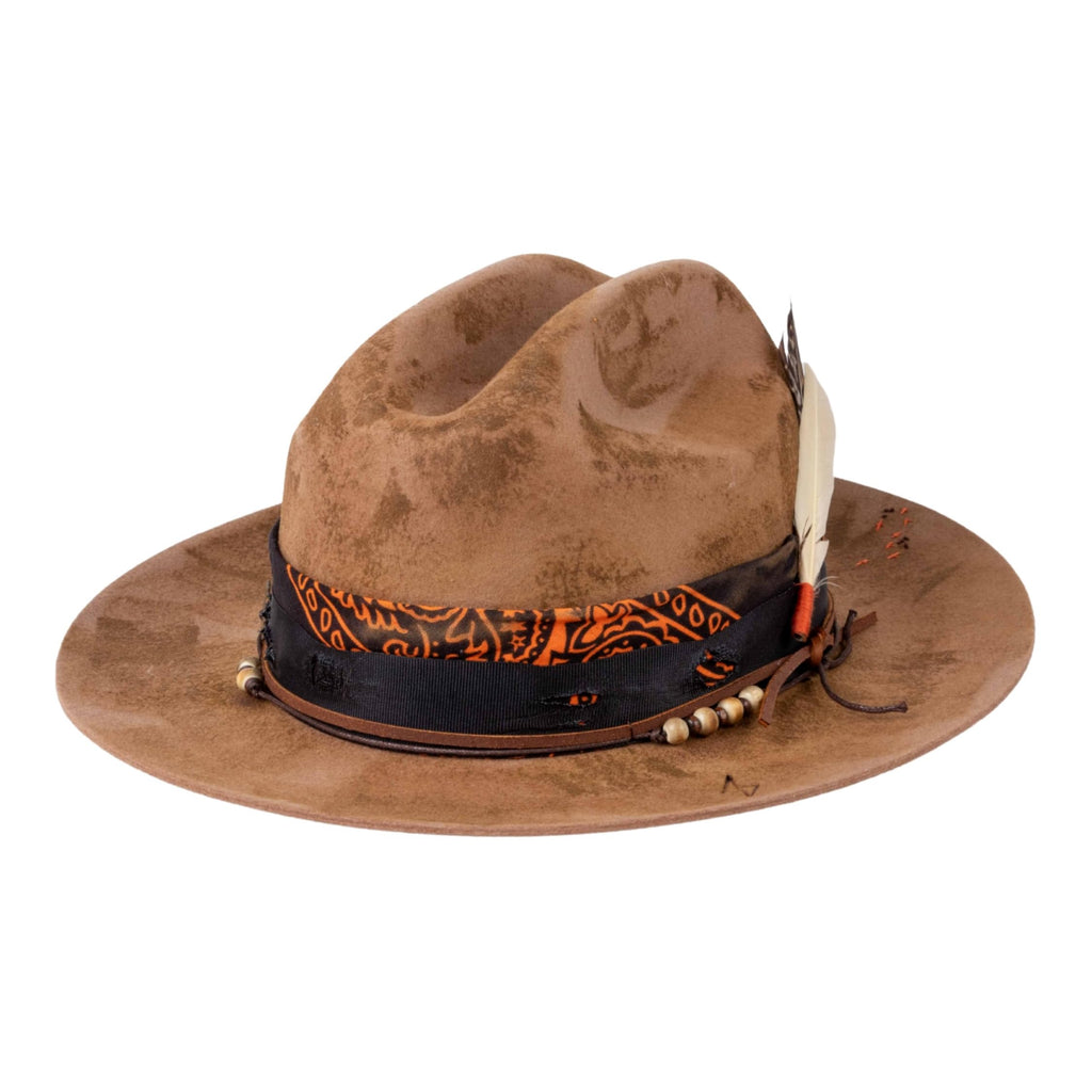 Vintage Short Brim Fedora Hats 100% Wool Firm Felt Hat Panama Gambler Hat with Lightning Logo Handmade Distressed/Burned Brown