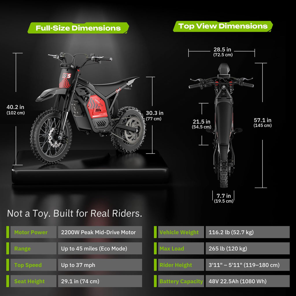 Windone RS5 Electric Dirt Bike for Teens & Adults (13+), Up to 37 MPH, 45 Miles Range, 2200W Peak Motor, 14"/12" Off-Road Tires, Hydraulic Suspension, 3-Speed Modes Electric Motorcycle (Red)