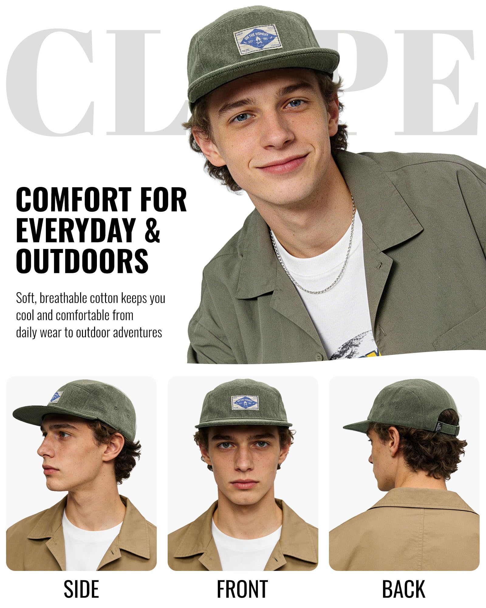 CLAPE Snapback 5 Panel Hat for Men + Women - Washed Cotton Flat Bill Baseball Cap Strapback Hip Hop Biker Board Cap