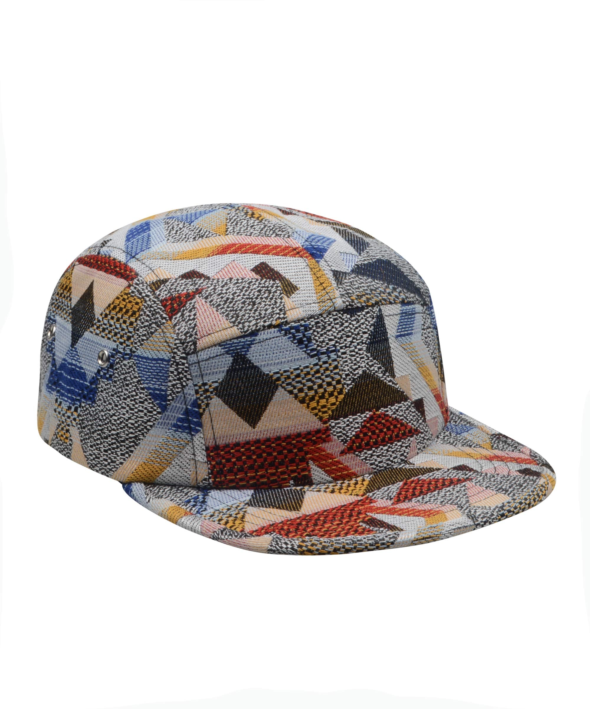 Hatphile Jacquard 5 Panel Camp Hat – Red & Navy Geometric Tapestry Pattern Adjustable Unisex Streetwear Cap, Low Profile Fashion Hat for Men Women