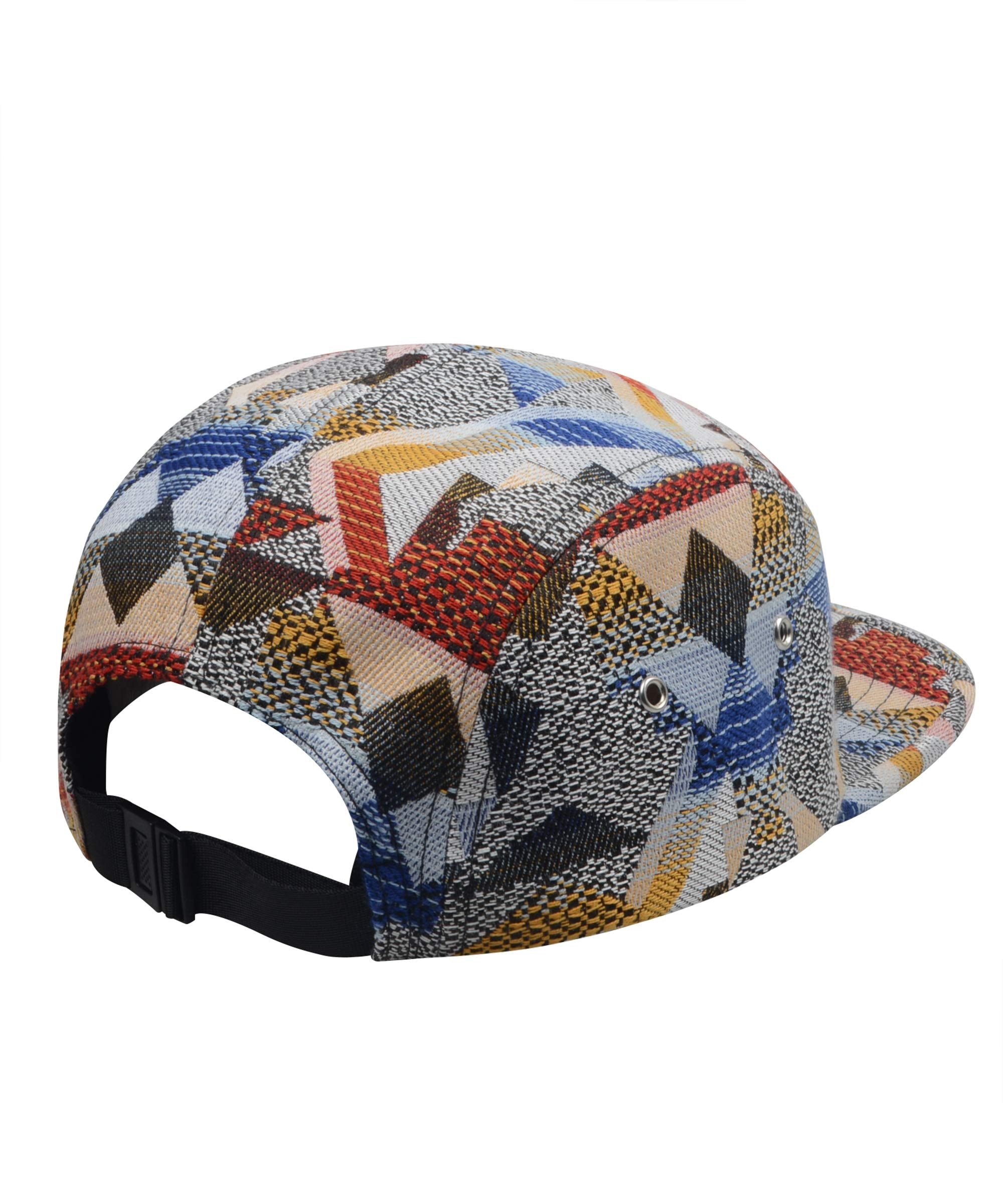 Hatphile Jacquard 5 Panel Camp Hat – Red & Navy Geometric Tapestry Pattern Adjustable Unisex Streetwear Cap, Low Profile Fashion Hat for Men Women