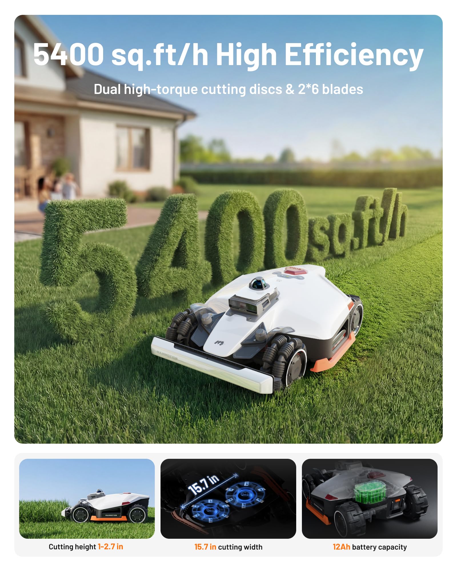 Mammotion LUBA 3 AWD 3000 Robot Lawn Mower with Garage (Ship Separately), 0.75 Acre, 360° LiDAR+NetRTK+AI Vision, All-Wheel-Drive for 80% Slopes, 30 Multi-Zone Management, Cutting Height 1.0"-2.7"
