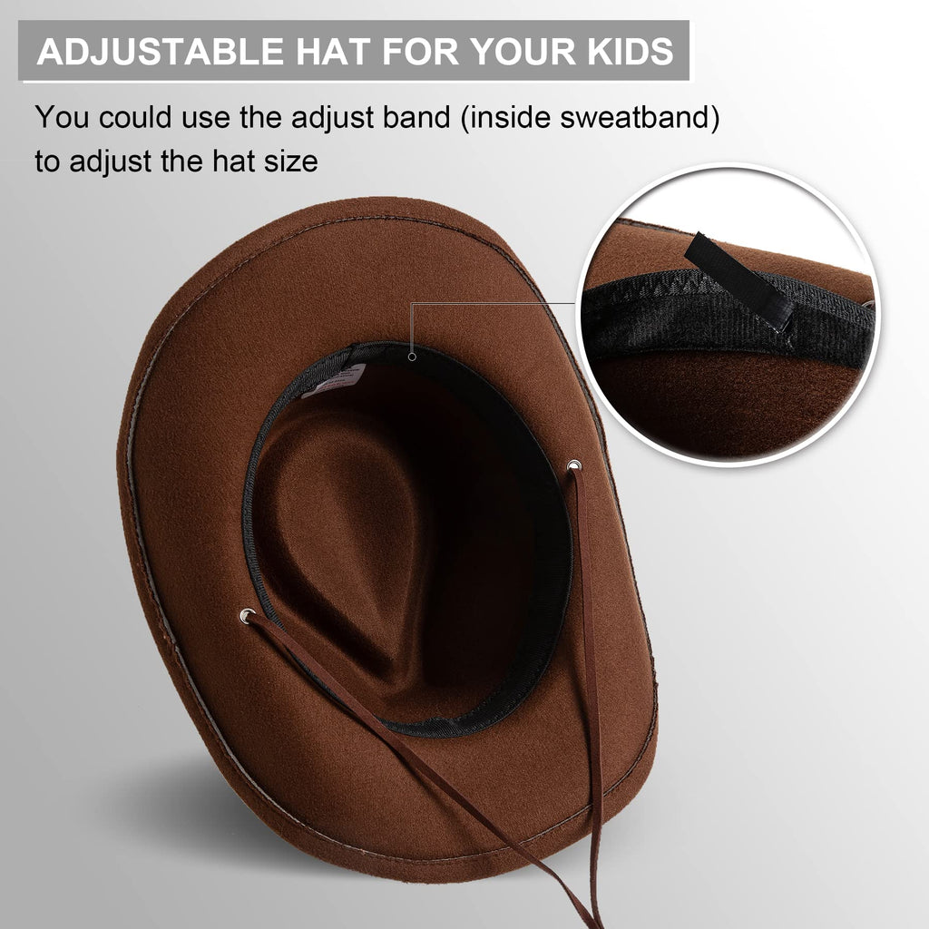 Jastore Kids Girls Boys Wide Brim Western Cowboy Cowgirl Hat with Wind Lanyard Felt Fedora Hat (Coffee, 5-12 Years)