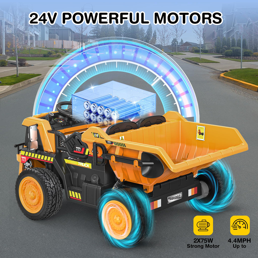 ANPABO 24V Ride On Dump Truck, 2X75W Powerful Motors, Up to 4.4Mph, EVA Tires, Construction Vehicle w/Electric Dump Bed and Extra Shovel, 19" Spacious 2 Seater, Kids Car w/Parent Remote -Yellow