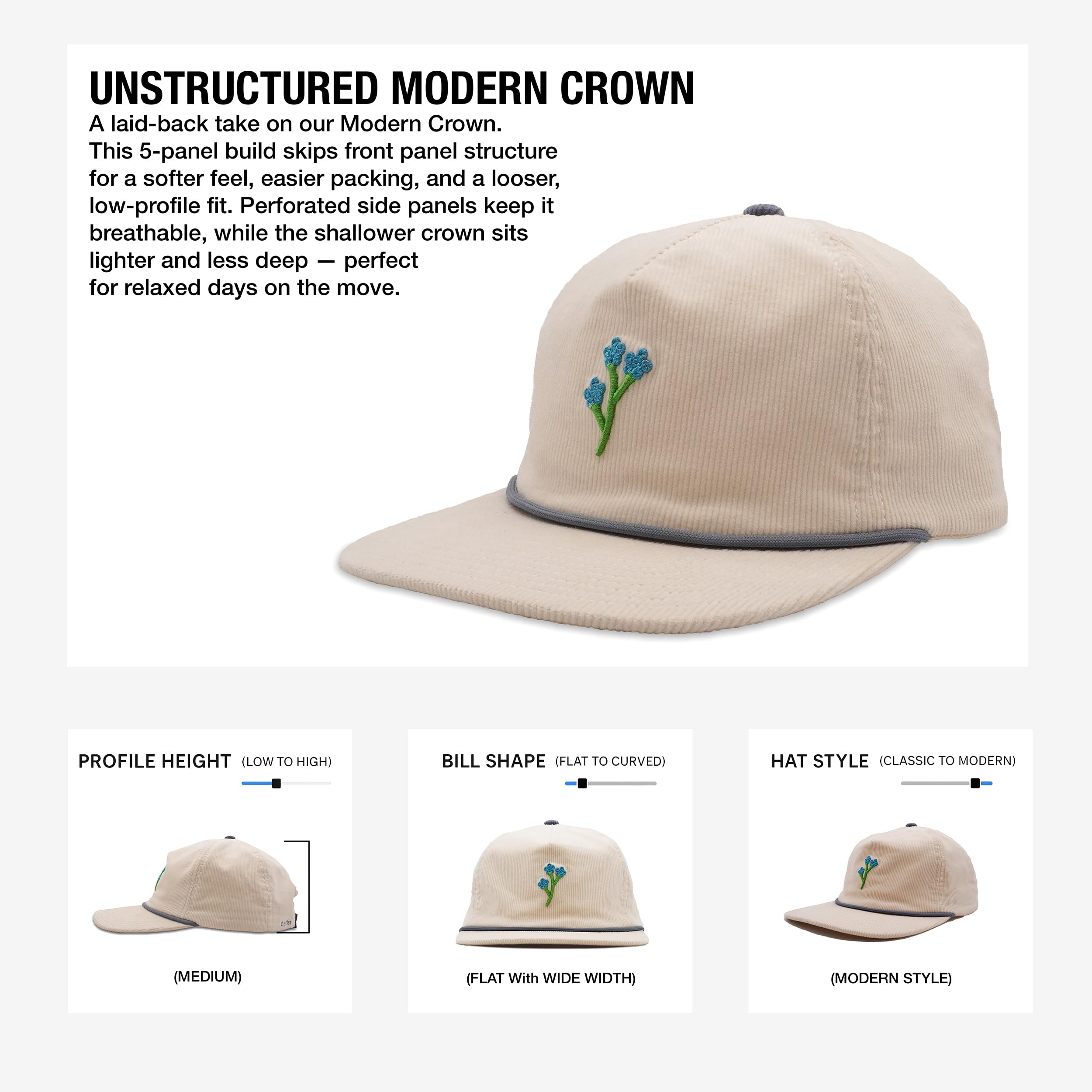 Rather Be Club Corduroy Rope Hat – Beige Vintage Cap with Blue Flower Logo – Adjustable Unisex Strapback (US, Alpha, Small, Beige)