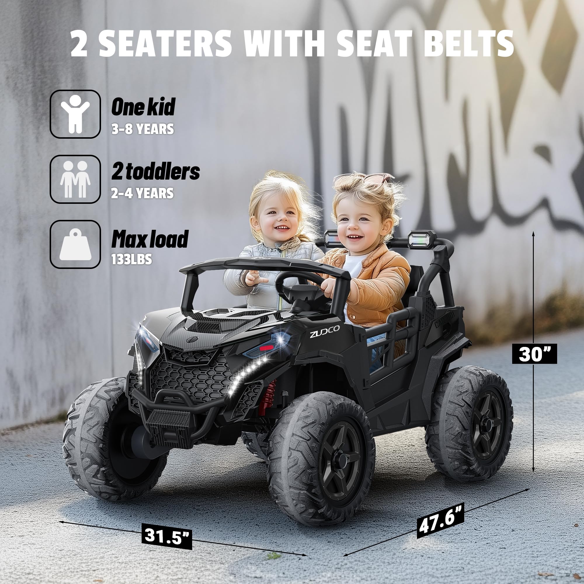 ARBELI 24V 2 Seater Ride on Car Truck 4x200W, EVA Tires, 4WD/2WD, Rainbow Lights, Remote Control, Shock Absorbers, Bluetooth, Ride on Toy for Big Kids Ages 3-8, Black