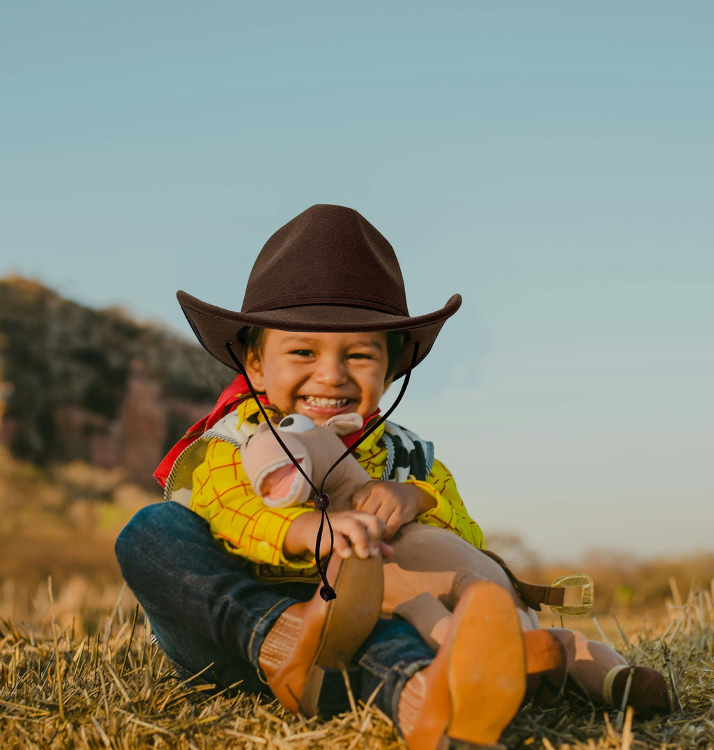 Jastore Kids Girls Boys Wide Brim Western Cowboy Cowgirl Hat with Wind Lanyard Felt Fedora Hat (Coffee, 5-12 Years)