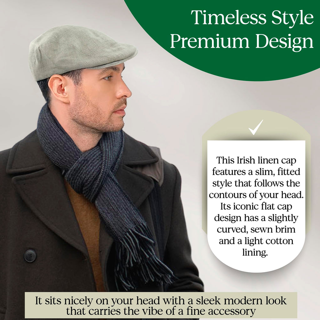 Biddy Murphy Irish Linen Newsboy Hat, Men's Slim Fit Flat Cap, Imported from Ireland, Light Grey, Small