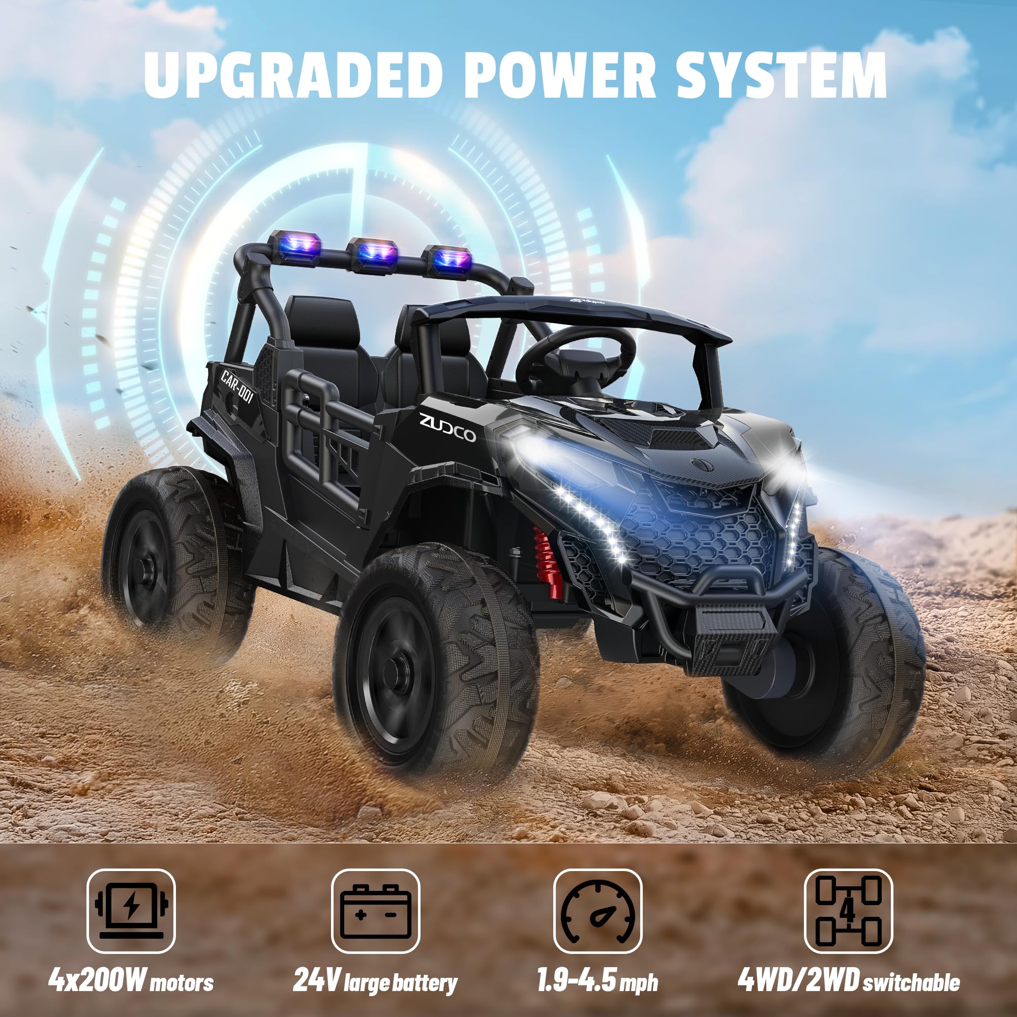 ARBELI 24V 2 Seater Ride on Car Truck 4x200W, EVA Tires, 4WD/2WD, Rainbow Lights, Remote Control, Shock Absorbers, Bluetooth, Ride on Toy for Big Kids Ages 3-8, Black