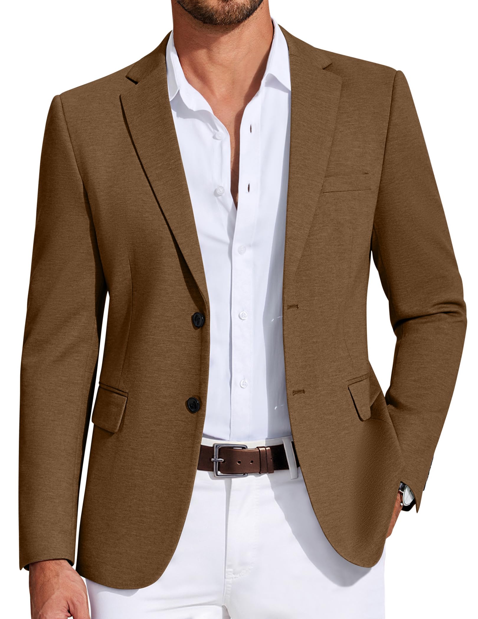 COOFANDY Mens Casual Blazer Knit Sport Coat Lightweight Two Button Suit Jacket Brown, L