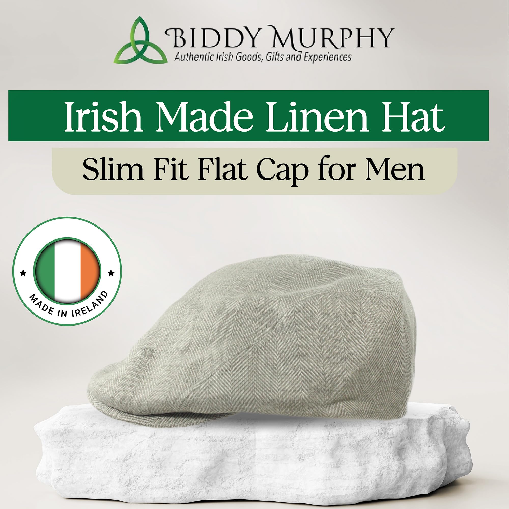 Biddy Murphy Irish Linen Newsboy Hat, Men's Slim Fit Flat Cap, Imported from Ireland, Light Grey, Small