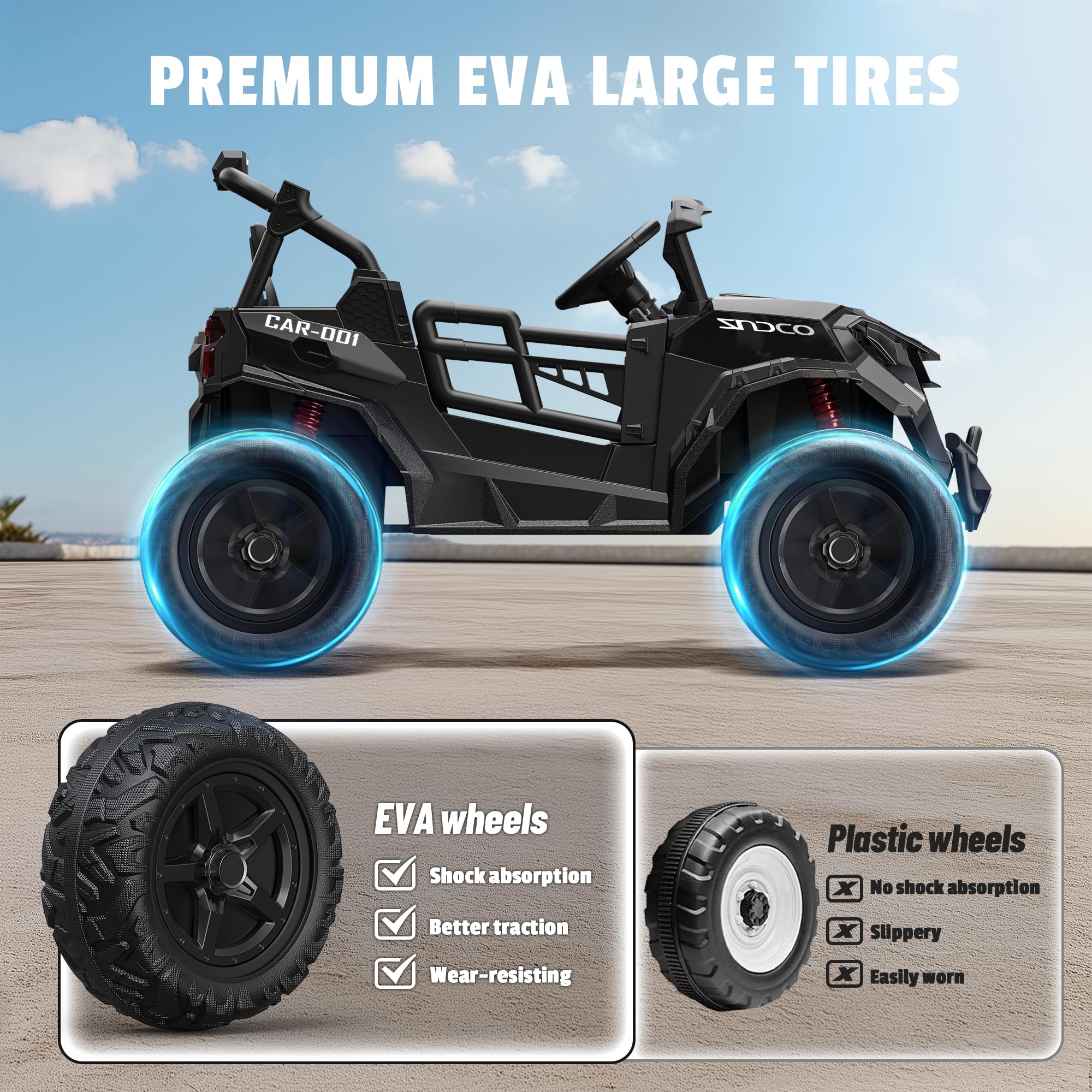 ARBELI 24V 2 Seater Ride on Car Truck 4x200W, EVA Tires, 4WD/2WD, Rainbow Lights, Remote Control, Shock Absorbers, Bluetooth, Ride on Toy for Big Kids Ages 3-8, Black