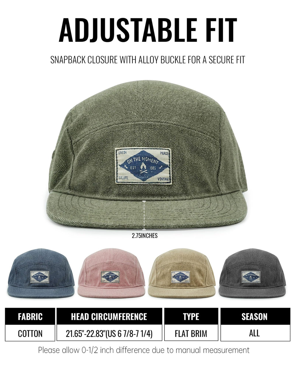 CLAPE Snapback 5 Panel Hat for Men + Women - Washed Cotton Flat Bill Baseball Cap Strapback Hip Hop Biker Board Cap