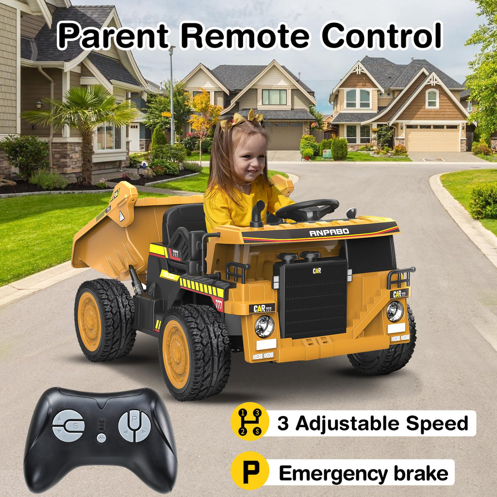 ANPABO 24V Ride On Dump Truck, 2X75W Powerful Motors, Up to 4.4Mph, EVA Tires, Construction Vehicle w/Electric Dump Bed and Extra Shovel, 19" Spacious 2 Seater, Kids Car w/Parent Remote -Yellow