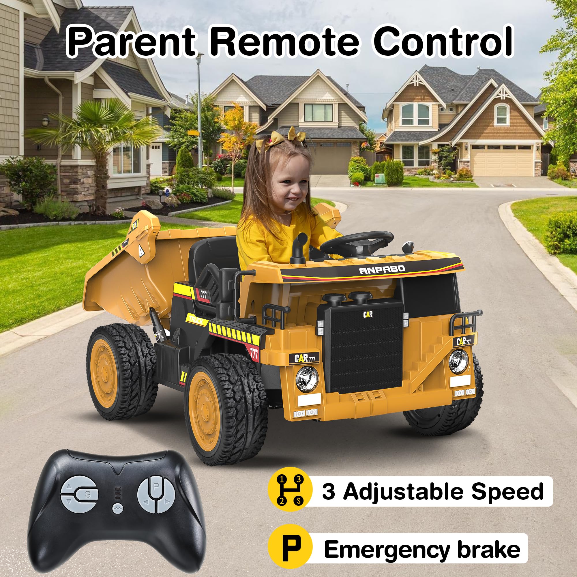 ANPABO 24V Ride On Dump Truck, 2X75W Powerful Motors, Up to 4.4Mph, EVA Tires, Construction Vehicle w/Electric Dump Bed and Extra Shovel, 19" Spacious 2 Seater, Kids Car w/Parent Remote -Yellow