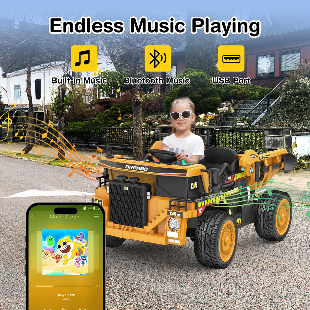 ANPABO 24V Ride On Dump Truck, 2X75W Powerful Motors, Up to 4.4Mph, EVA Tires, Construction Vehicle w/Electric Dump Bed and Extra Shovel, 19" Spacious 2 Seater, Kids Car w/Parent Remote -Yellow