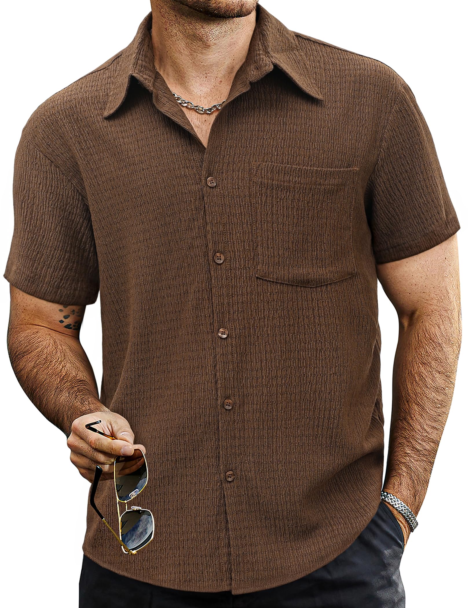VATPAVE Mens Summer Striped Shirts Button Down Short Sleeve Vintage Beach Hawaiian Shirts with Pocket Large Pure Coffee