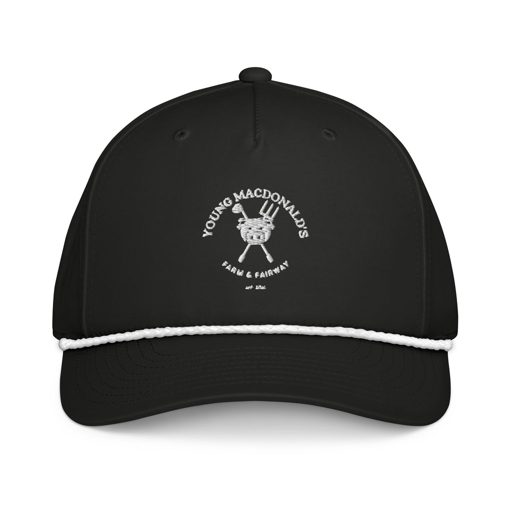 Homestead Snapback — black rope cap with white embroidered Young MacDonald's Farm & Fairway full crest, front view