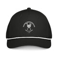 Homestead Snapback — black rope cap with white embroidered Young MacDonald's Farm & Fairway full crest, front view