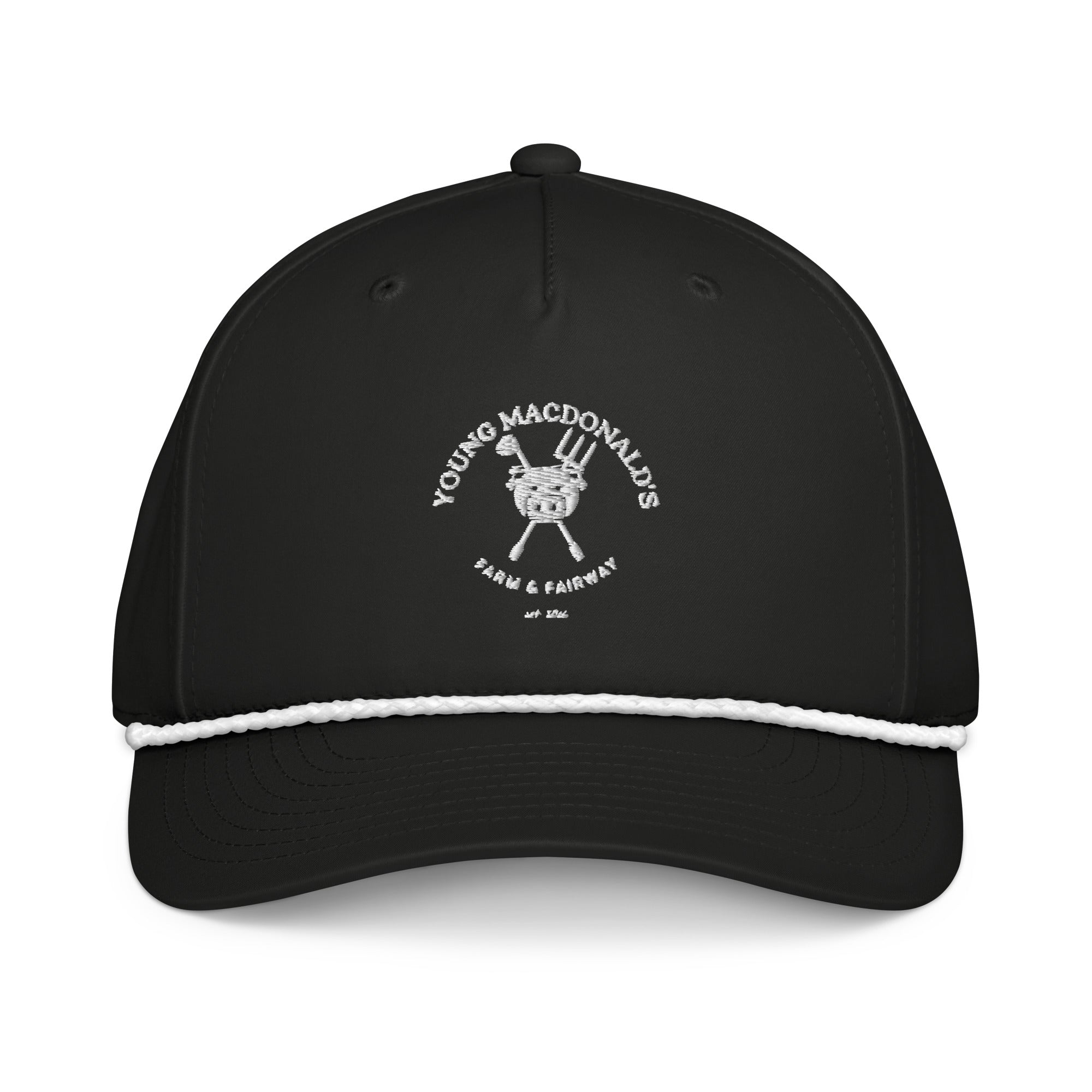 Homestead Snapback — black rope cap with white embroidered Young MacDonald's Farm & Fairway full crest, front view