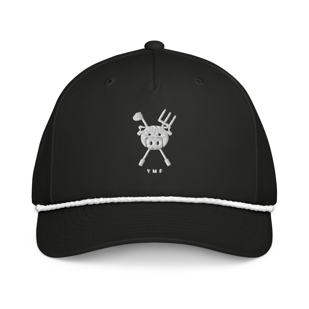 Barnyard Rope Snapback — black rope cap with white embroidered YMF pig crest, front view