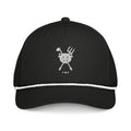 Barnyard Rope Snapback — black rope cap with white embroidered YMF pig crest, front view