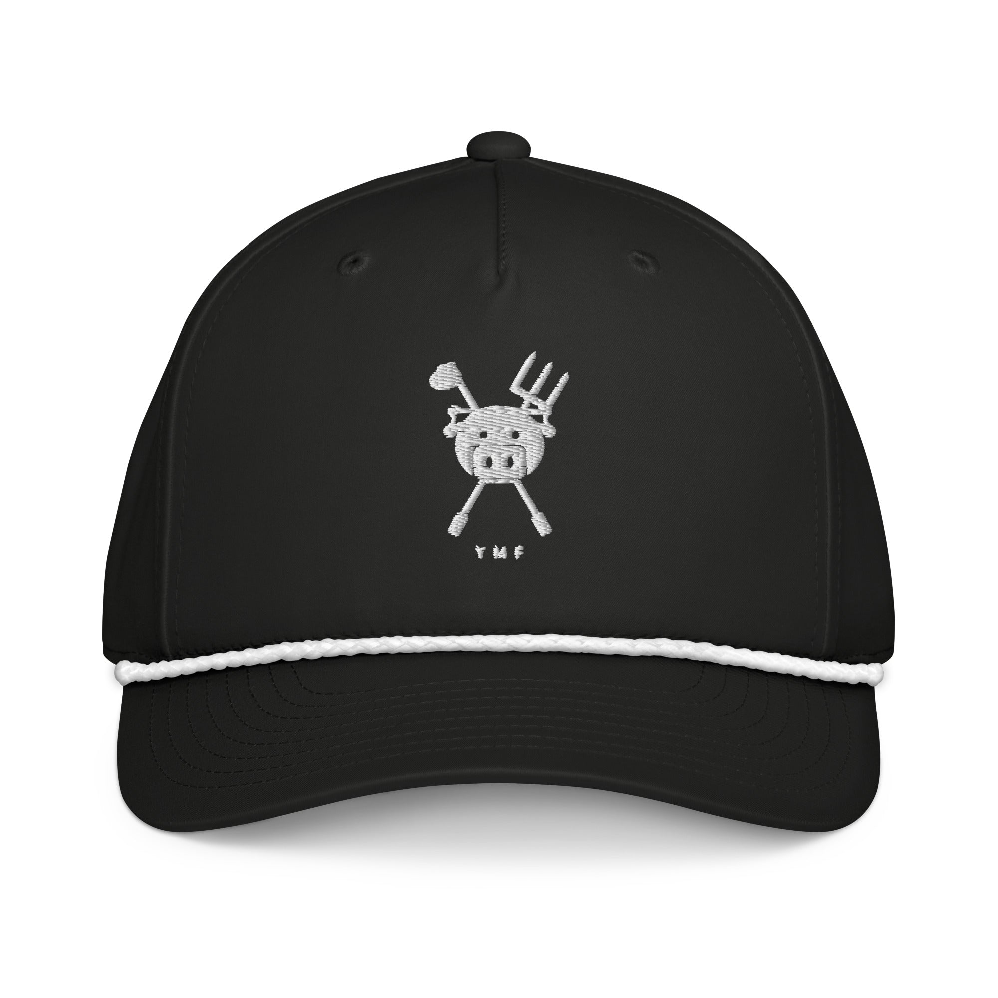 Barnyard Rope Snapback — black rope cap with white embroidered YMF pig crest, front view