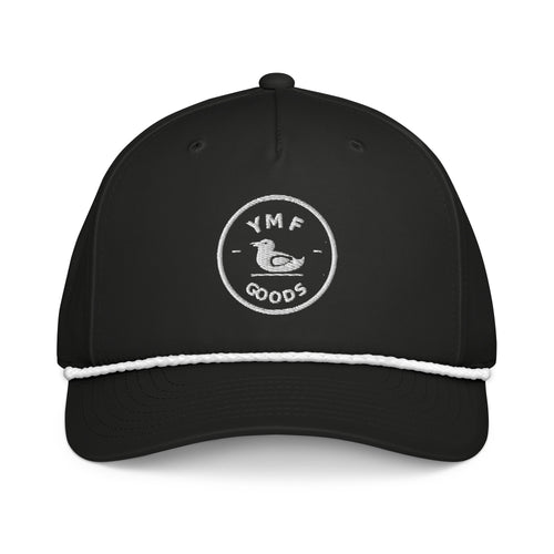 YMF Embroidered Rope Golf Hat with duck logo in black and white rope cap, front view