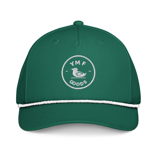 YMF Embroidered Rope Golf Hat with duck logo, kelly green and white rope cap, front view