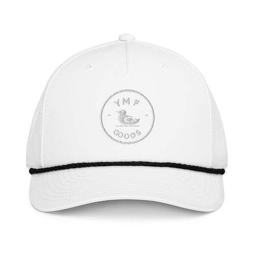 Embroidered Rope Golf Hat with duck logo in white with black rope, front view