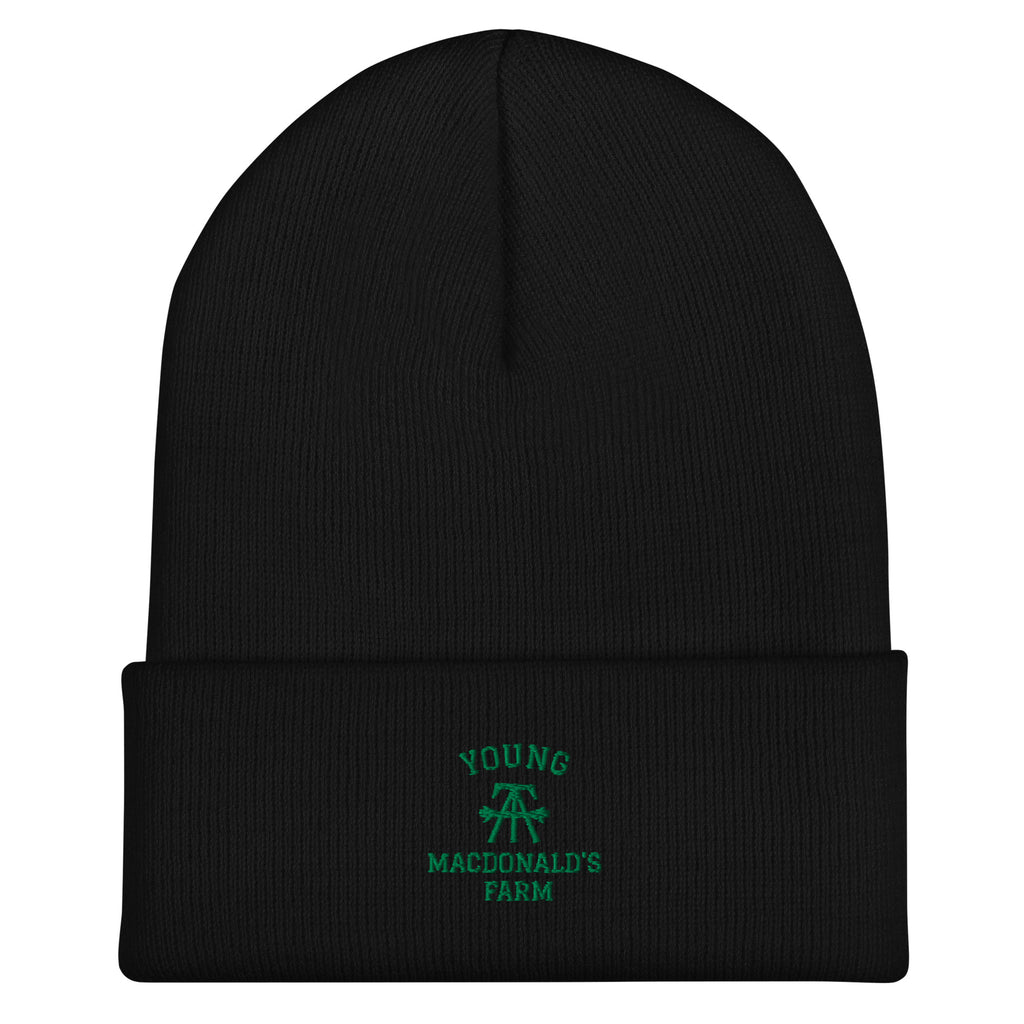 YMF Cuffed Beanie — black ribbed knit cuffed beanie with green MacDonald's Farm embroidery