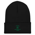 YMF Cuffed Beanie — black ribbed knit cuffed beanie with green MacDonald's Farm embroidery