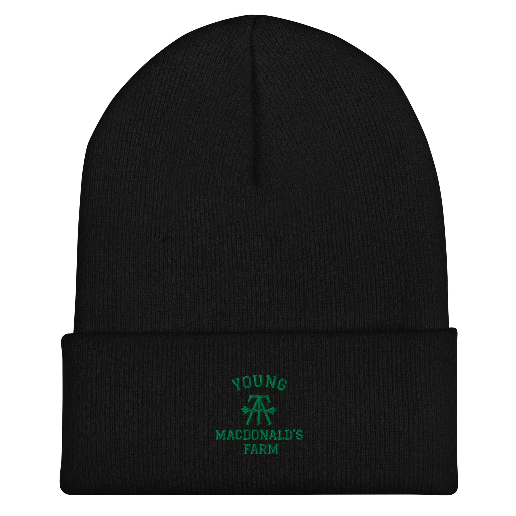 YMF Cuffed Beanie — black ribbed knit cuffed beanie with green MacDonald's Farm embroidery