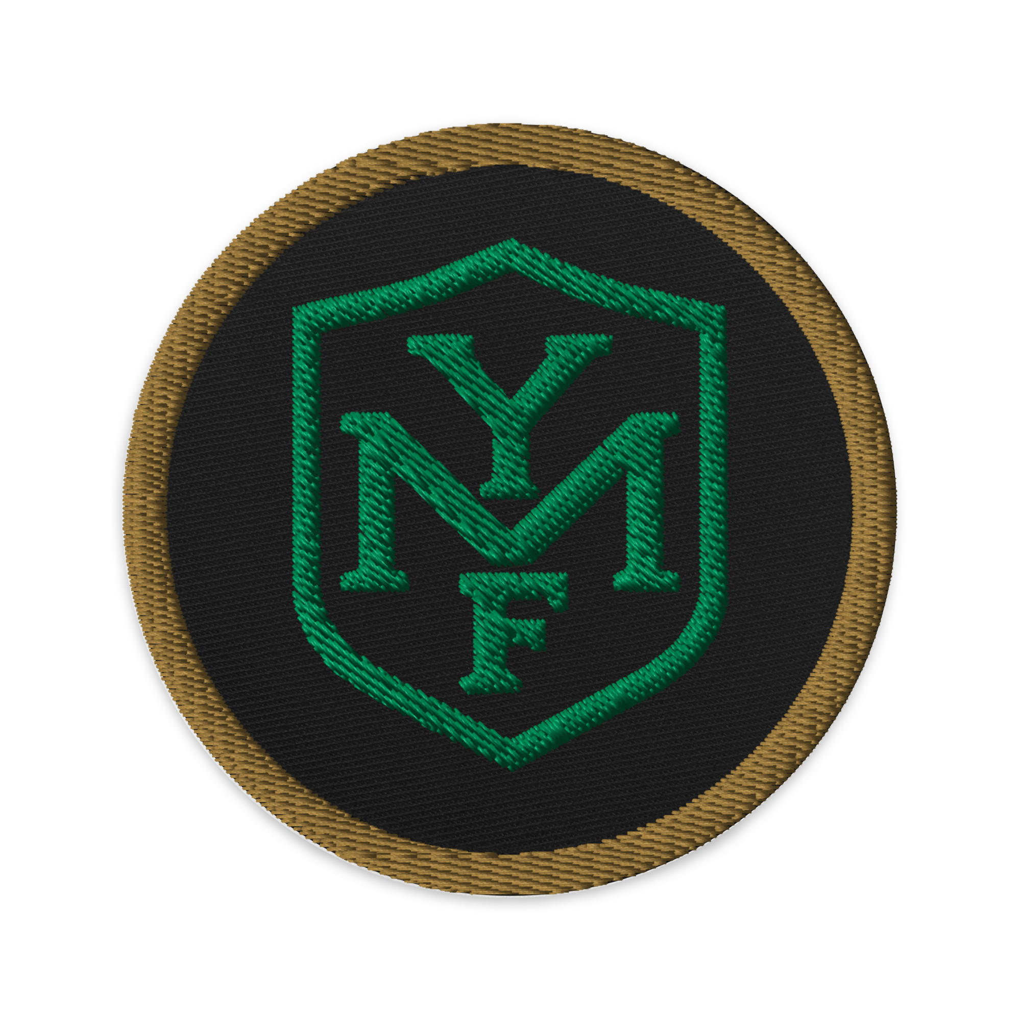 YMF Embroidered Patch — 3-inch round patch with green YMF shield monogram on black with gold rope border