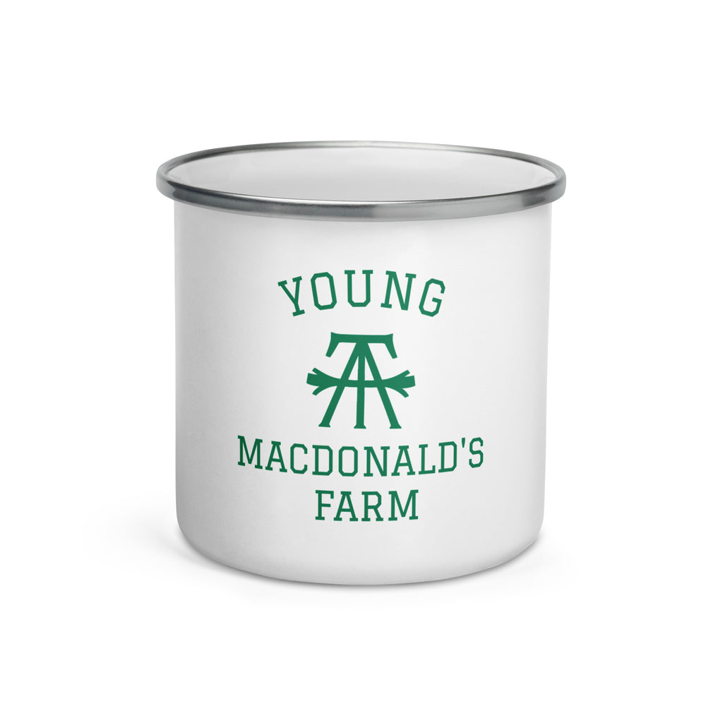 YMF Camp Mug — white enamel camp mug with green Young MacDonald's Farm wordmark, 12 oz